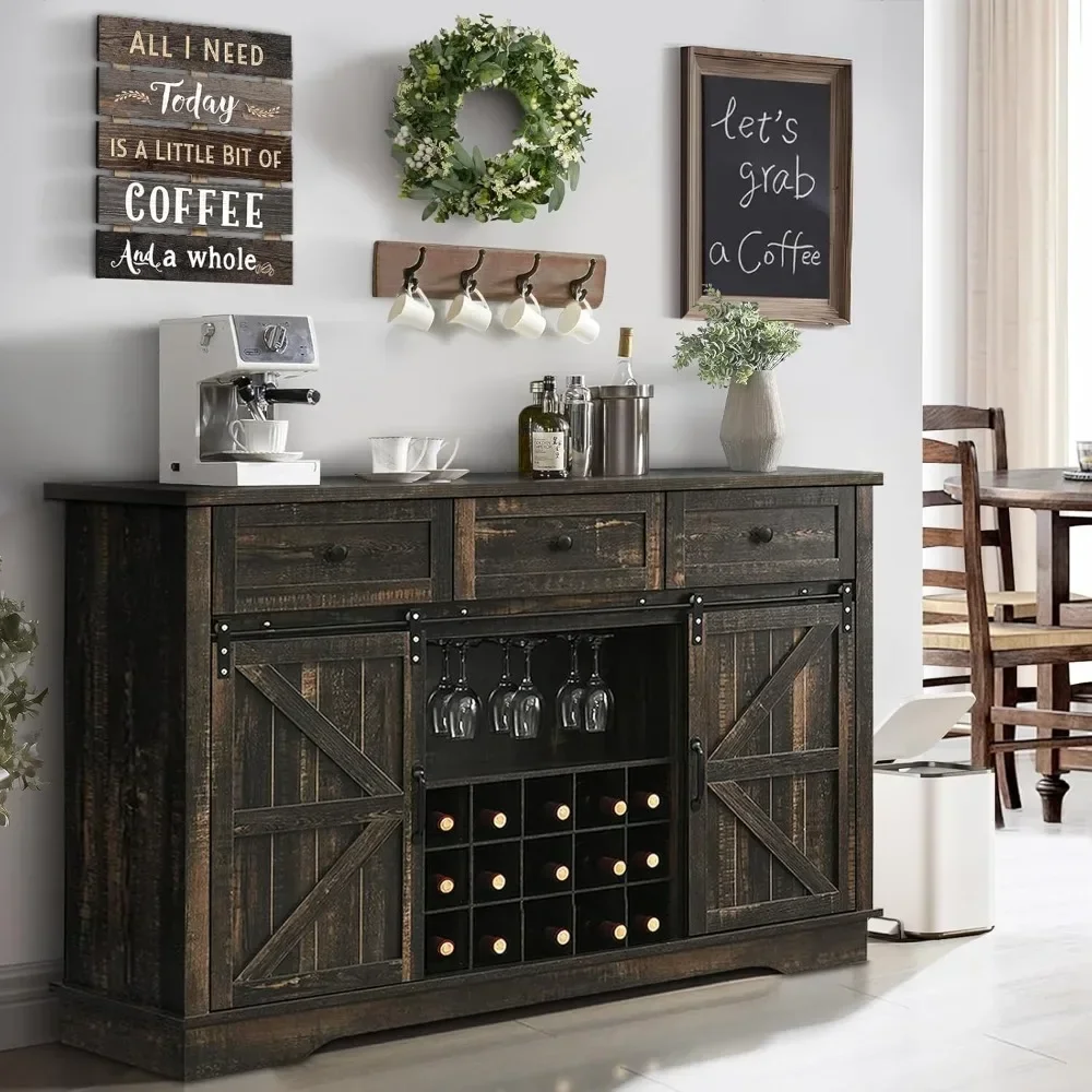 Farmhouse Wine Bar Cabinet with Sliding Barn Doors|54" Large Buffet Cabinet with 15 Wine Rack|Glass Rack