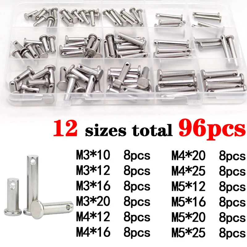 96Pcs Stainless Steel Locating Pins with Hole –M3/4/5 Flat Head Cylindrical Dowel Pin Assortment Kit, 304 Grade Hardware Box Set