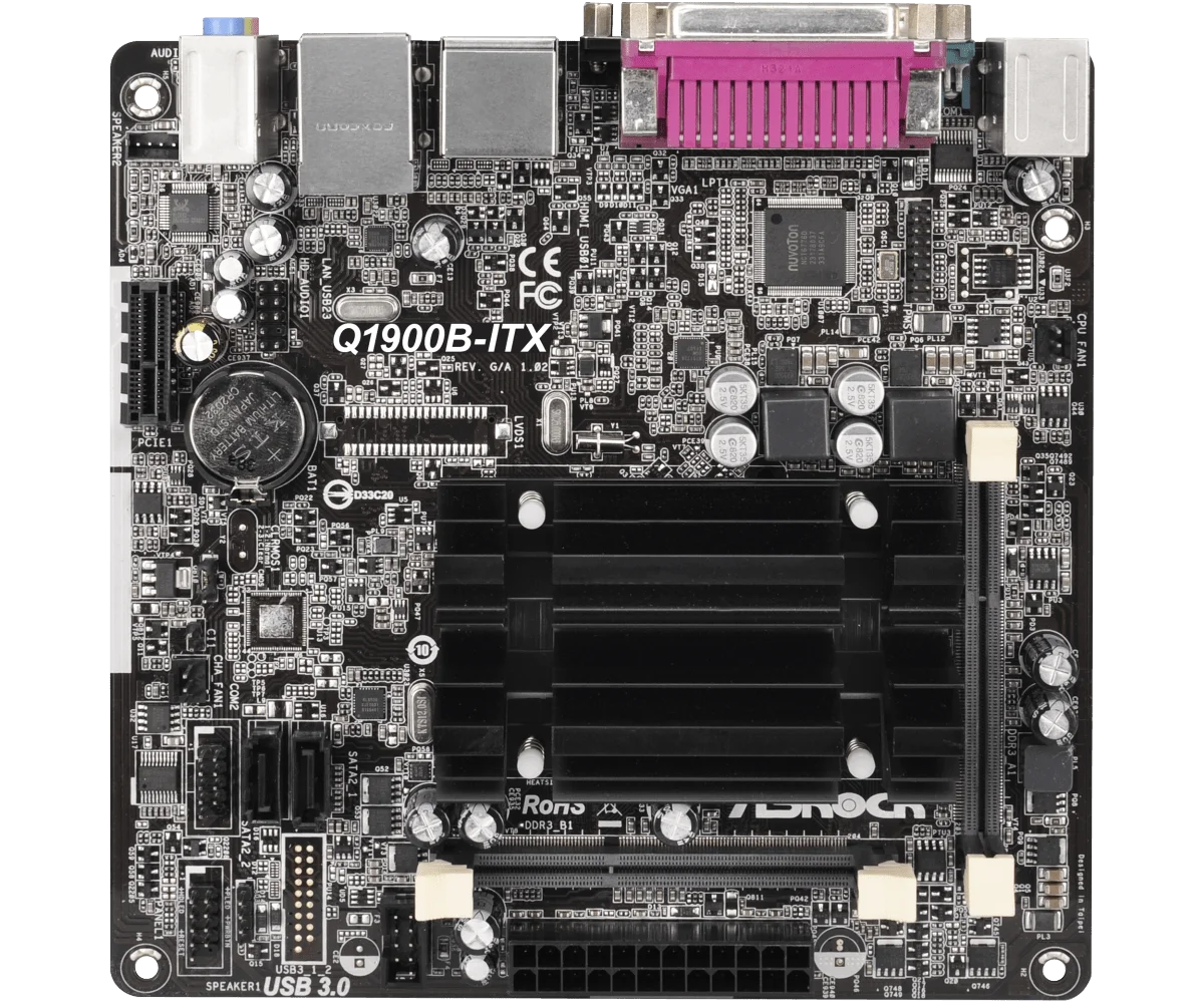 Asrock Q1900B-ITX  Mini-ITX Motherboard Intel® Quad-Core Processor J1900 DDR3 16GB 2 x SATA2 3.0 Gb/s 1 x PCI Express 2.0 x1