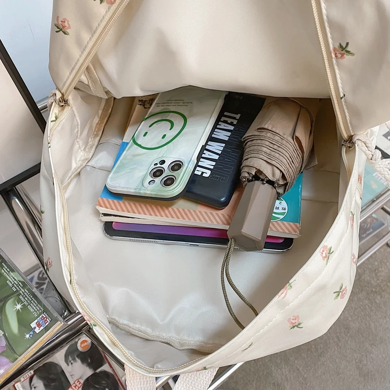 Estudante coreano mochila escolar floral branco sacos de escola para meninas adolescentes bonito mochila feminina marca saco de livro náilon