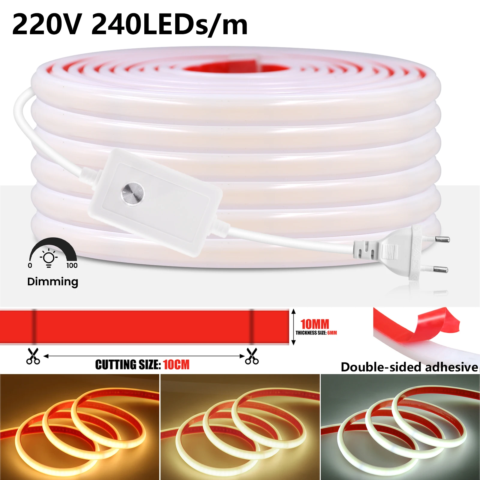 

Dimmable COB LED Strip 220V 10cm Cuttable High Bright 240LEDs/m IP65 Waterproof Flexible COB LED Tape Warm Natural White Light