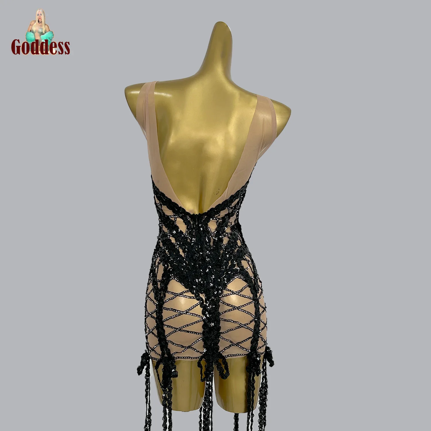 See Through Mesh Sequins Backless Dress Las Vegas Showgirl Dress Charming Party Nightclub Drag Queen Outfit Sexy Stage Outfit