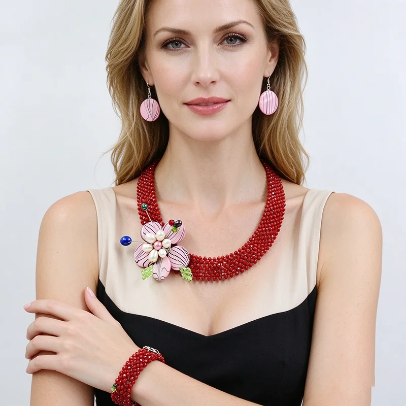 Honest store ! Fashion/trendy crystal/shell woven flower necklace, bracelet/earring set. African Bride Wedding Jewelry 17”