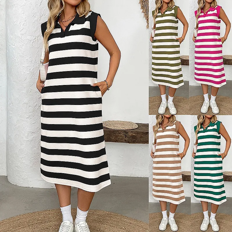Striped Pocket Collarless Sleeveless Long Dress Summer Spring Jumpsuit Playsuit