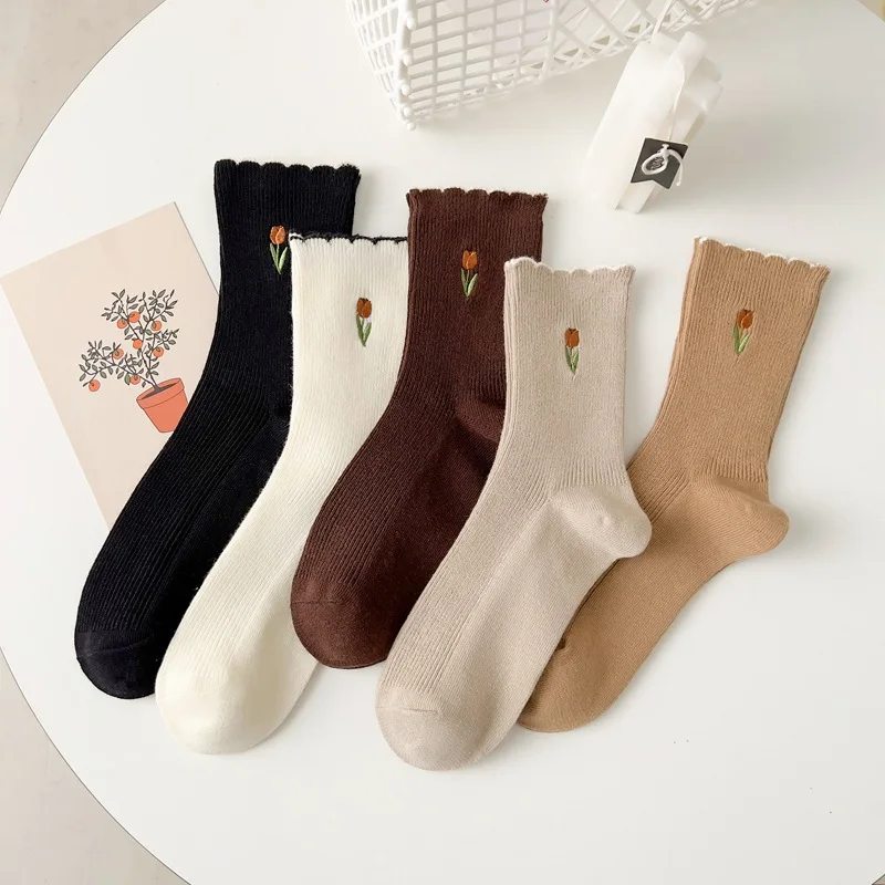 3 Pairs Of Women's Socks Set Spring And Summer Thin Breathable Ruffle Edge Socks All Cotton Cute Women's White Printed Socks