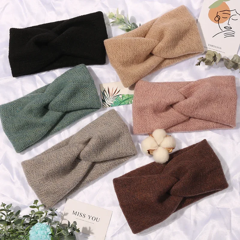 Donarsei Korea Winter Wide Knitting Cross Headband For Women Fashion Solid Color Elastic Yoga Turban Bandage Bandanas HairBands