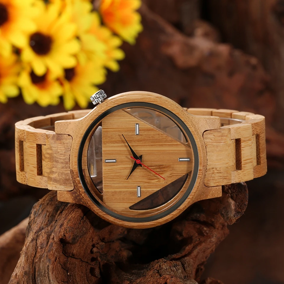 Orologi da uomo geometrici superbo triangolo invertito orologio con cinturino in legno di bambù orologio da polso al quarzo in legno pieno maschile Relogio Masculino