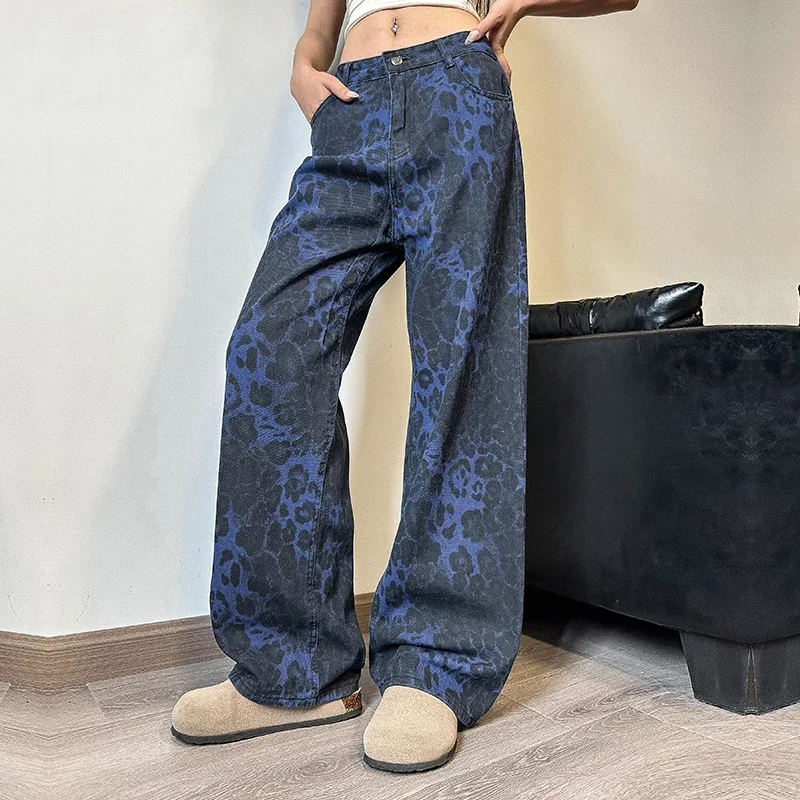 

Y2k Blue Leopard Jeans Women Harajuku Denim Trousers Aesthetic Oversize Jean Cargo Pants Vintage Japanese 2000s Style Pantalon