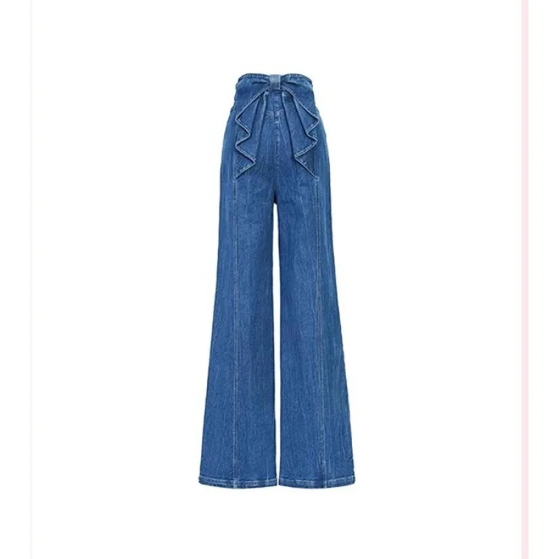 Franse stijl strikjeans Veelzijdige damesbroek met hoge taille en rechte pijpen Klassiek blauw High Street losse denimbroek met wijde pijpen
