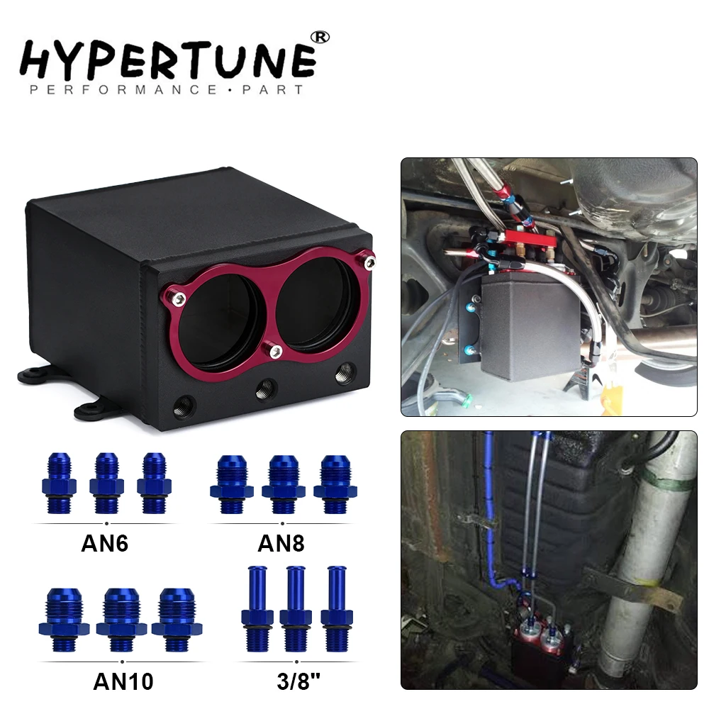 Hypertune - 60mm Dual External 044 Fuel Pump Tank Racing Black Billet Aluminium Oil catch Can Dual Port Fuel Surge Tank