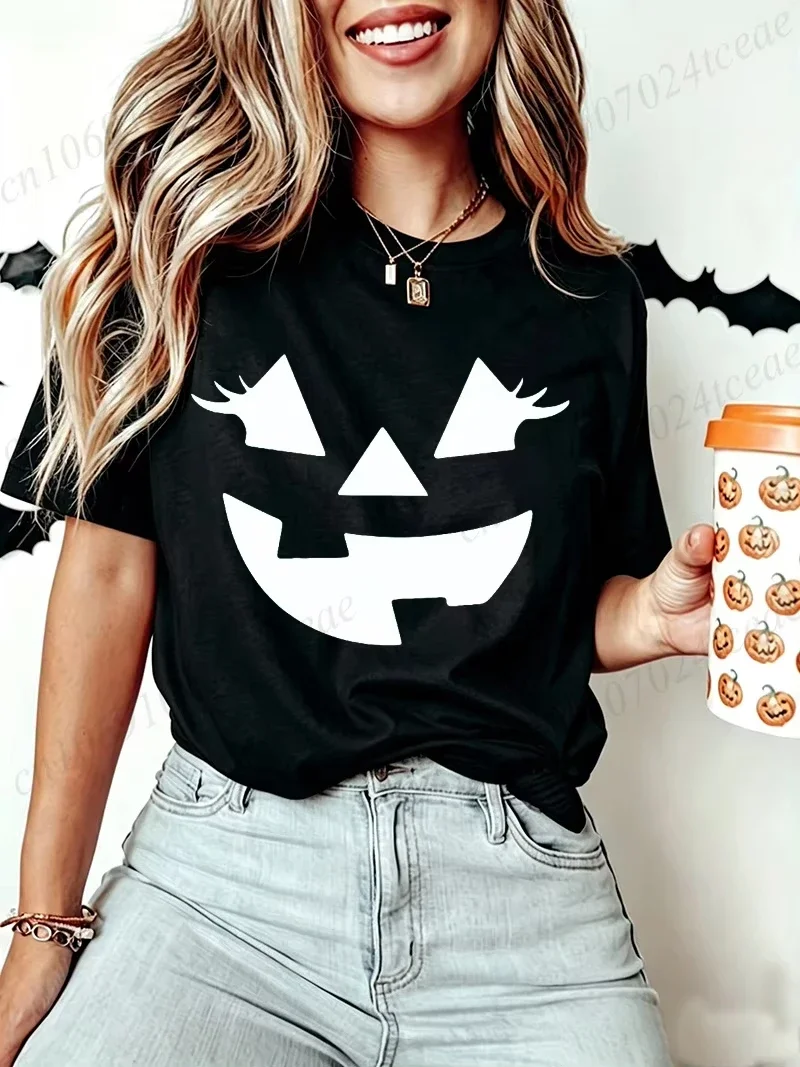 Funny Evil Pumpkin Face Halloween Women Tees Funny Spooky Season Tshirt Female Clothes Short Sleeve Tops Fashion Graphic Shirt
