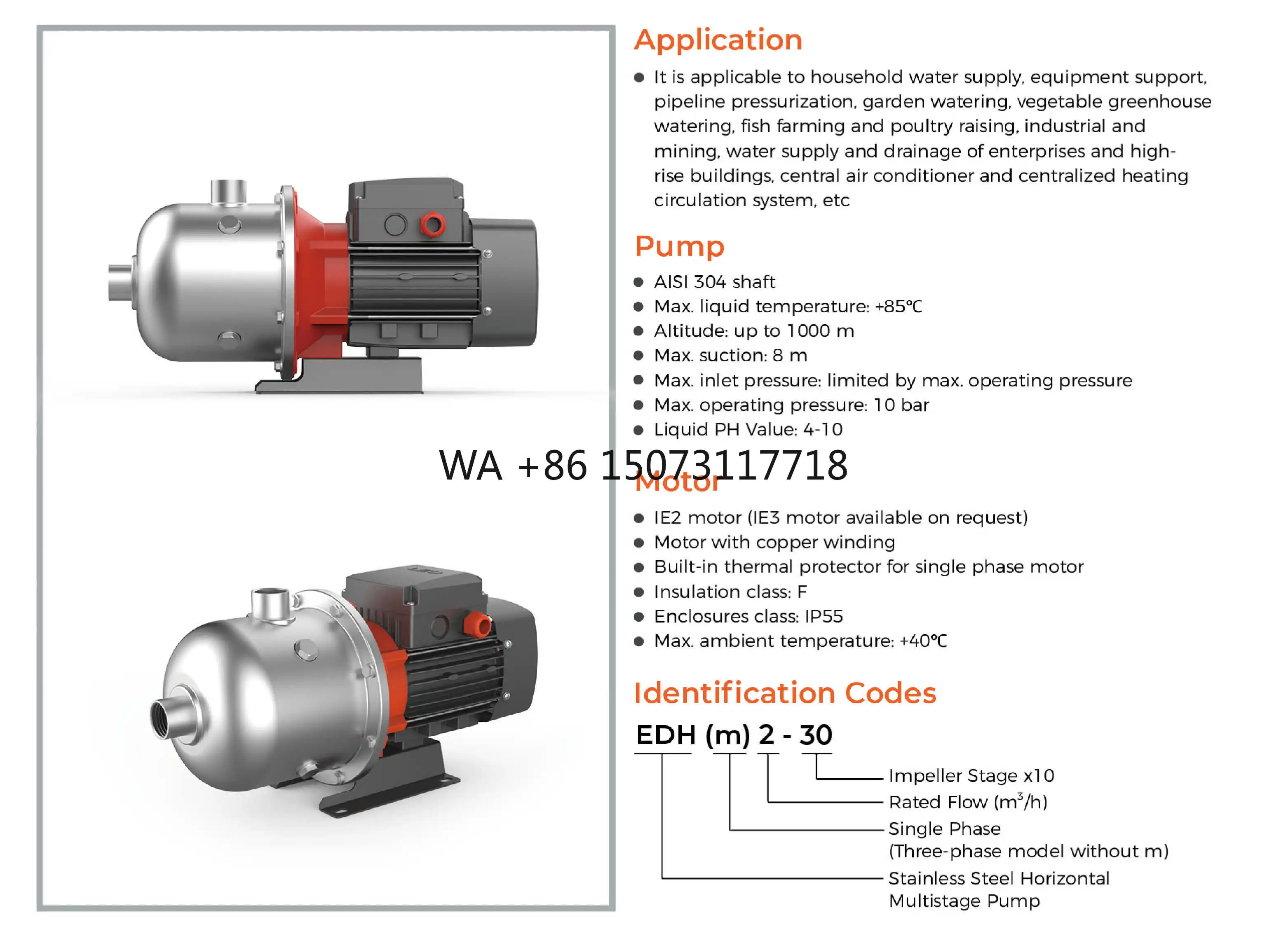 

EDH Stainless Steel Horizontal Multistage High Pressure Booster Pump Centrifugal Theory Water Supply Motor Power