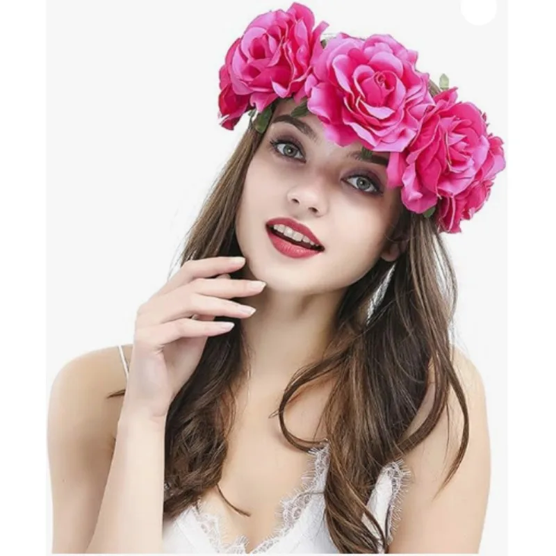 Women's Hawaiian Stretch Rose Flower Headband 5-Floral Crown For Garland Party