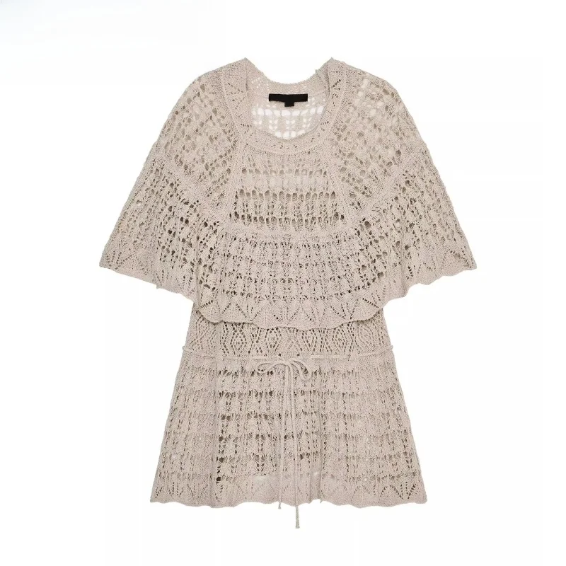 

New Summer Women's round Ne ort Sve Embroidered Decorative Belted Me Knit Top Loose Fit Comfortable Casual Sle