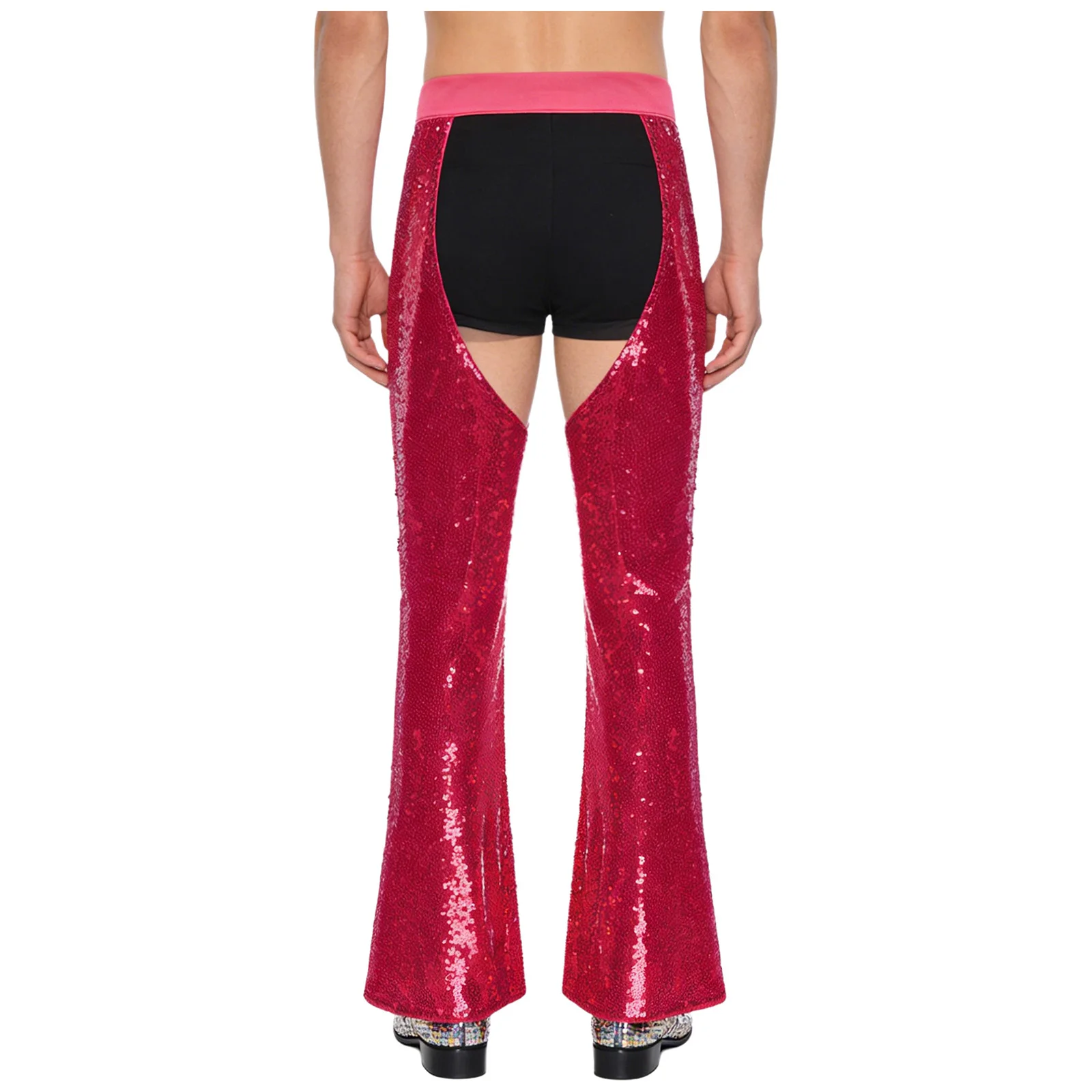 남성 카니발 에지 디스코 재즈 댄스 팬츠 허리 크로치 부분이 비어있는 풀라이닝 플레어 팬츠 카우보이 찹스 팬츠 테마 파티용