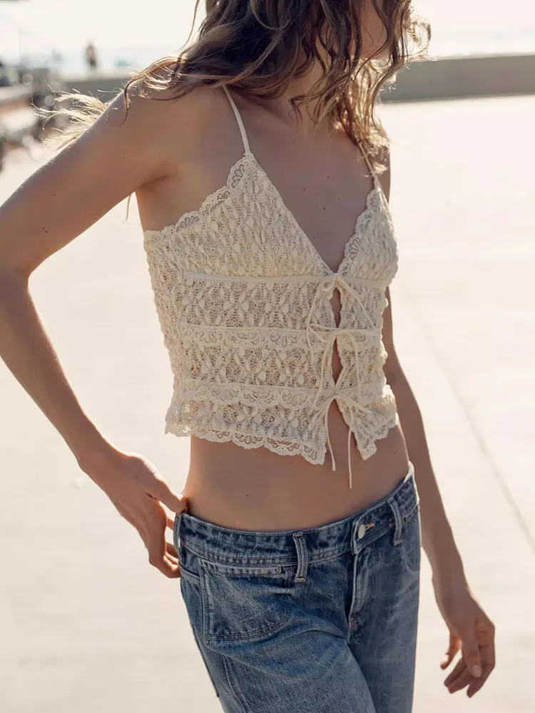 

Sweet Lace V-neck Knot Decoration Top Women's Fashion Casual Style New Summer Clothing 2026 Short Outerwear