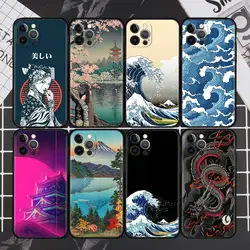 Japanese Style Art Japan Case For Apple iPhone 11 13 12 Pro 7 XR X XS Max 8 6 6S Plus 5 14 SE 2020 13Pro Black Phone Cover Capa