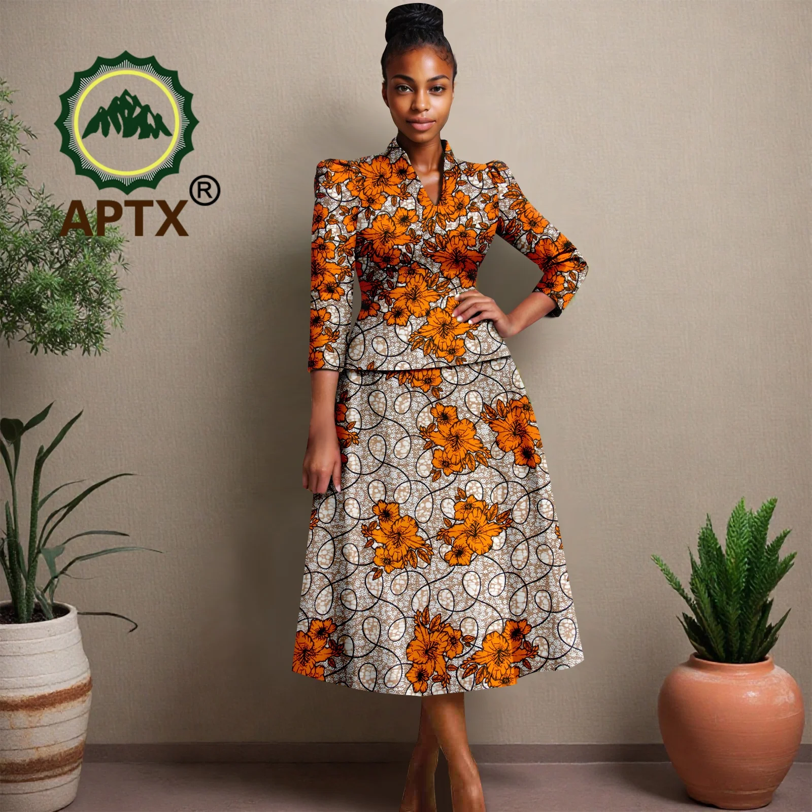 African Clothes for Women Ankara Print V-Neck Three Quarter Sleeve Top and Mid-Calf Skirt two-piece Set Dashiki Casual Party
