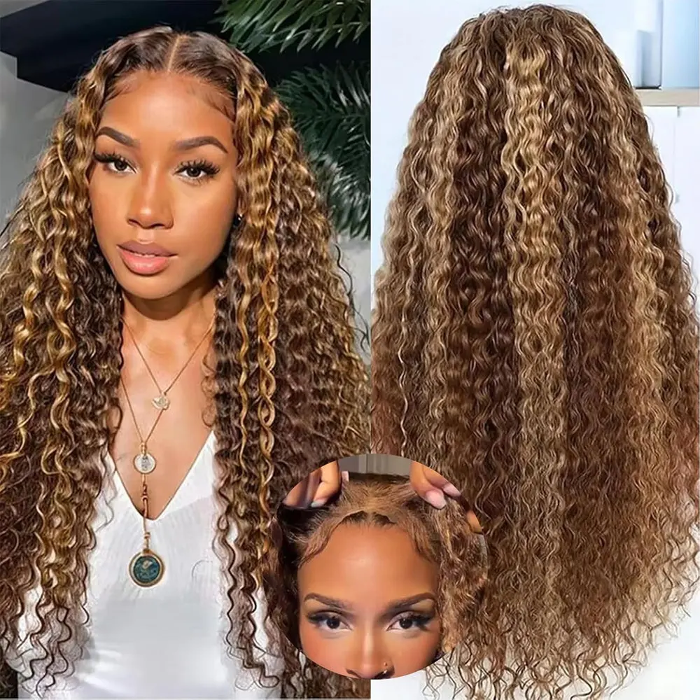 Wear & Go Glueless 5x5 HD Lace Closure Echthaarperücke, Deep Wave, vorgezupft, vorgeschnitten, P4/27 Honigblond Ombre Highlight, 250 Dichte
