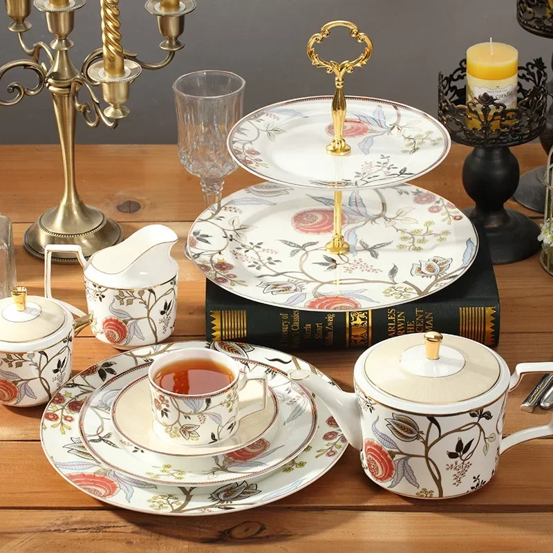 Bone china coffee set restaurant ceramic afternoon milk tea red teapot cup saucer sugar cup milk tank