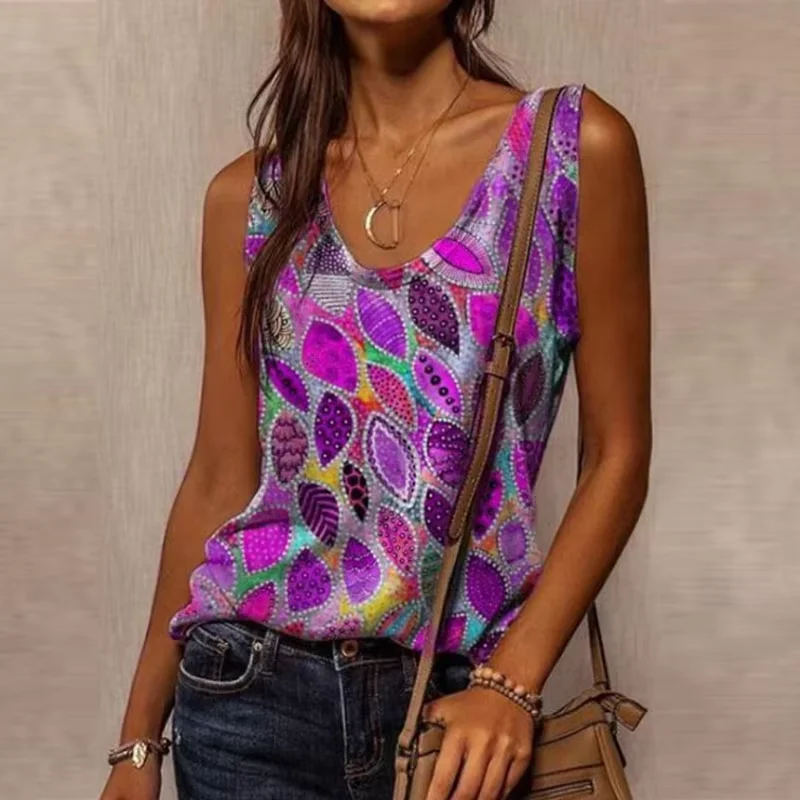 Nieuwe mouwloze patchwork chique dames tops dames zomer eenvoudige o hals losse blouse shirt casual basic truien blusas streetwear