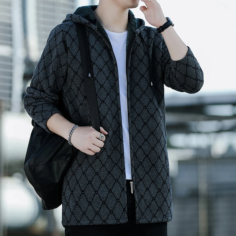New Mens Long Cardigan Jacket Knitted Hooded Jacket Coat Korean Autumn Winter Thick Sweater with Plush Fashion Overcoat