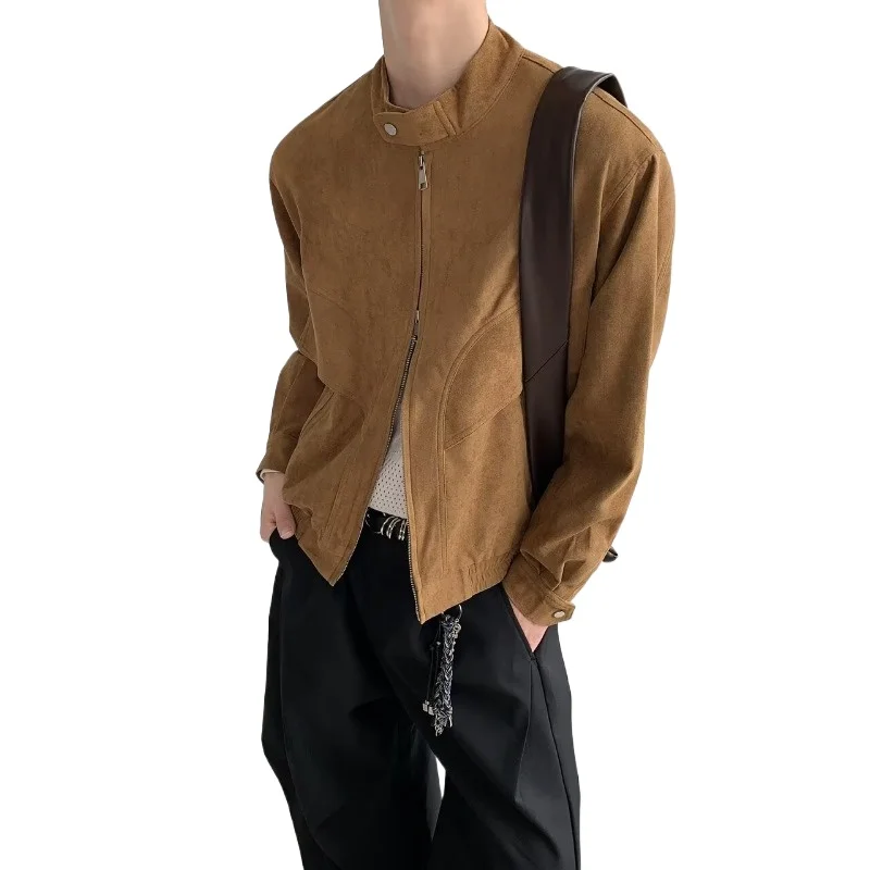 

Корейская версия, стильная мужская ортопедическая байкерская куртка, осенний дизайн, замша, повседневное мотоциклетное пальто с воротником-стойкой, износостойкая ткань на молнии