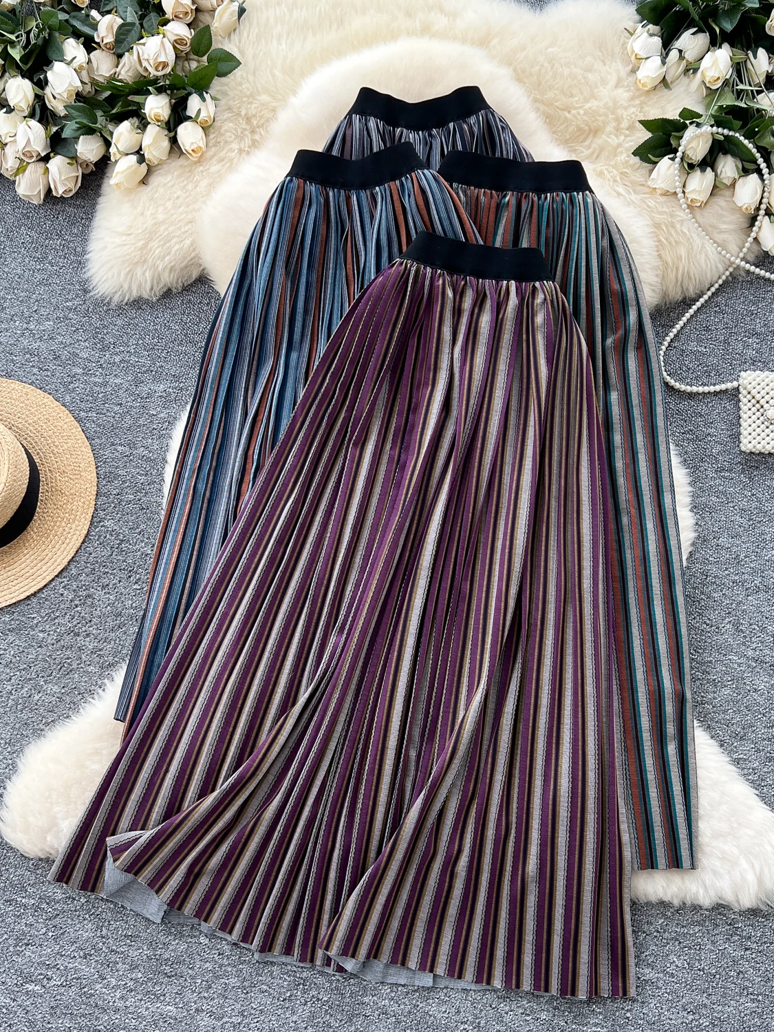 

Korean Sle High Waist f Body Skirt Women's Spring Autumn Loose Elastic Waist Slimming Color Blo Stripe Pleated Midi Skirt