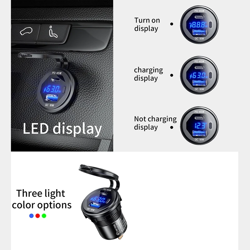 Металлическое быстрое зарядное устройство 3,0 и тип PD C45W USB18W, автомобильное зарядное устройство, розетка USB, быстрая зарядка