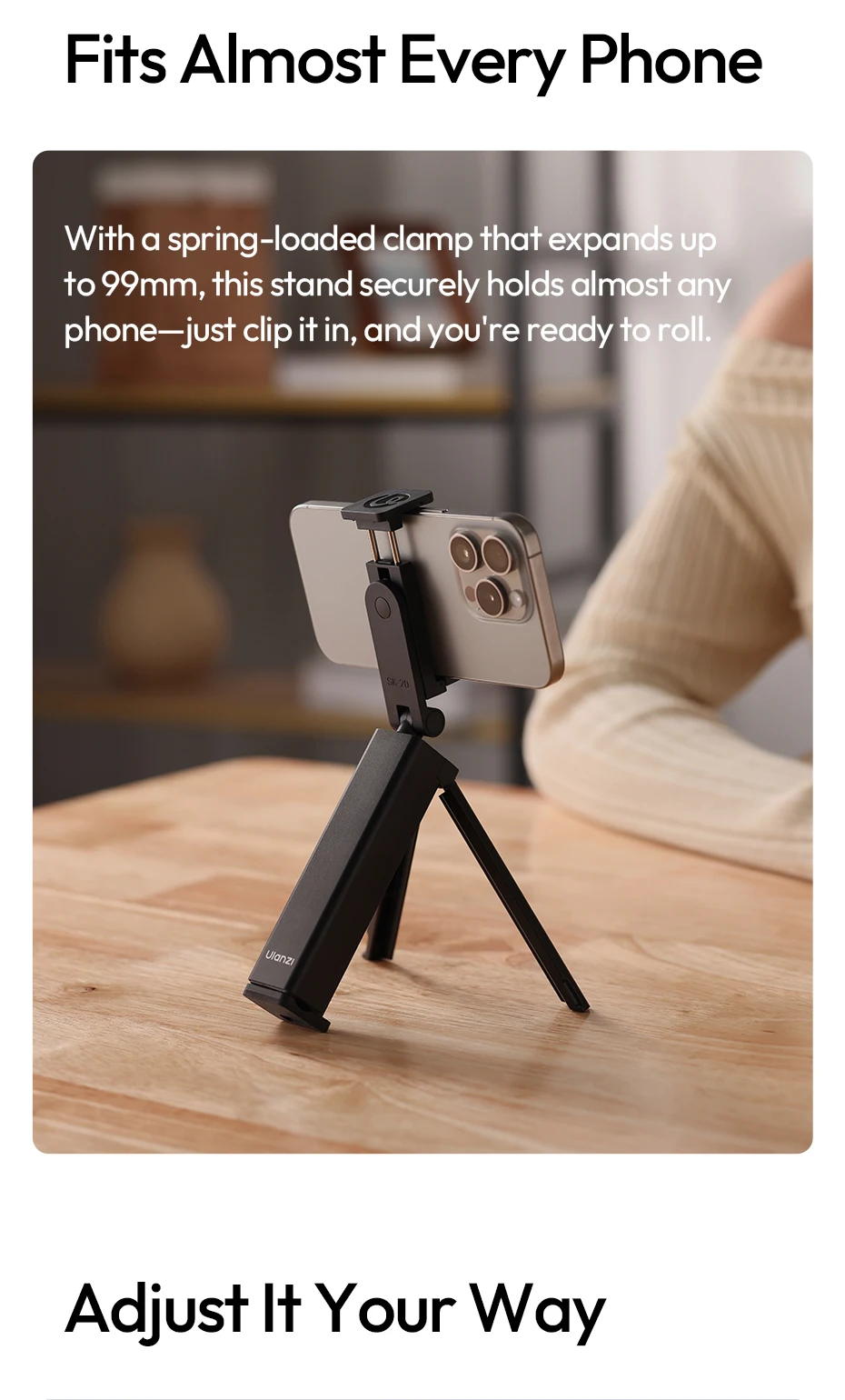 Ulanzi SK-20 Reise-Handyhalterung für Smartphone, vertikal, horizontal, für Livestream Overhead Shots Vlog 360° ° Rotationsfotografie – Detail 12