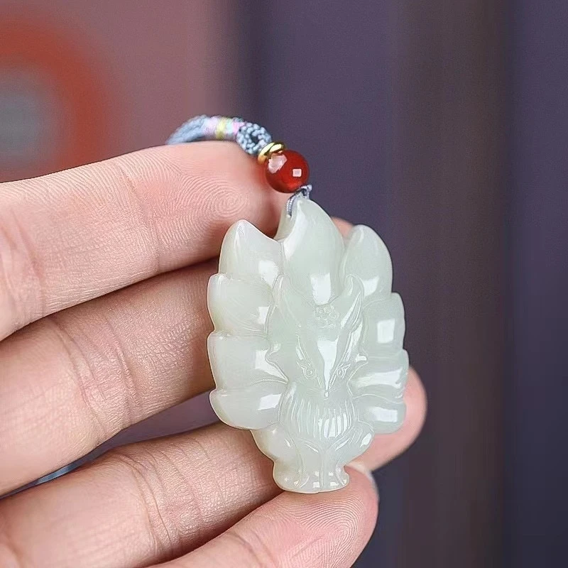 Hotan White Jade Nine-Tailed Pendant Men Women, Fashionable and Versatile
