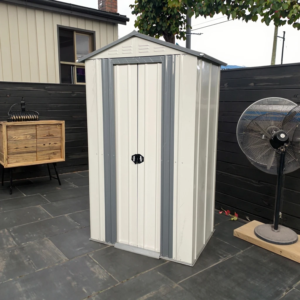 

Beige Garden Tool Shed with Vents Small Sheds Storage Outdoor Metal for Garden Buildings
