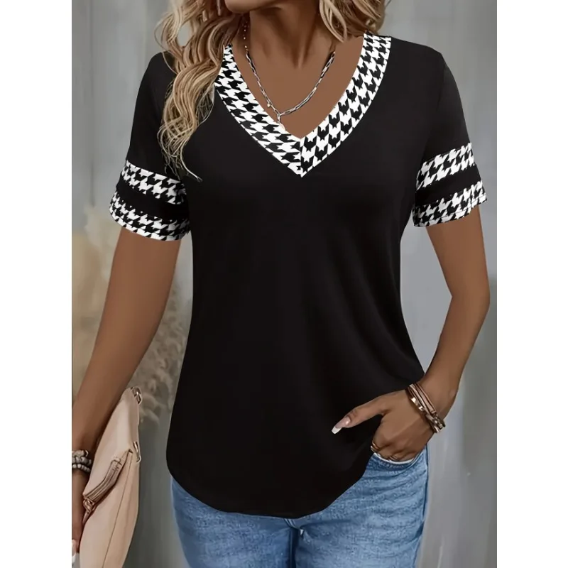 

Diamond Plaid V-neck Short-sleeved T-shirt-houndstitched Elegant Black Women's Top, Summer Fashion Casual Women's Clothing