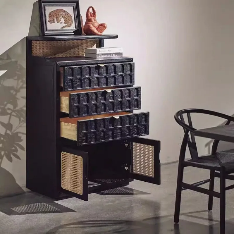 

Solid wood side cabinet, oak rattan braided small apartment, household porch cabinet, storage double door home new model