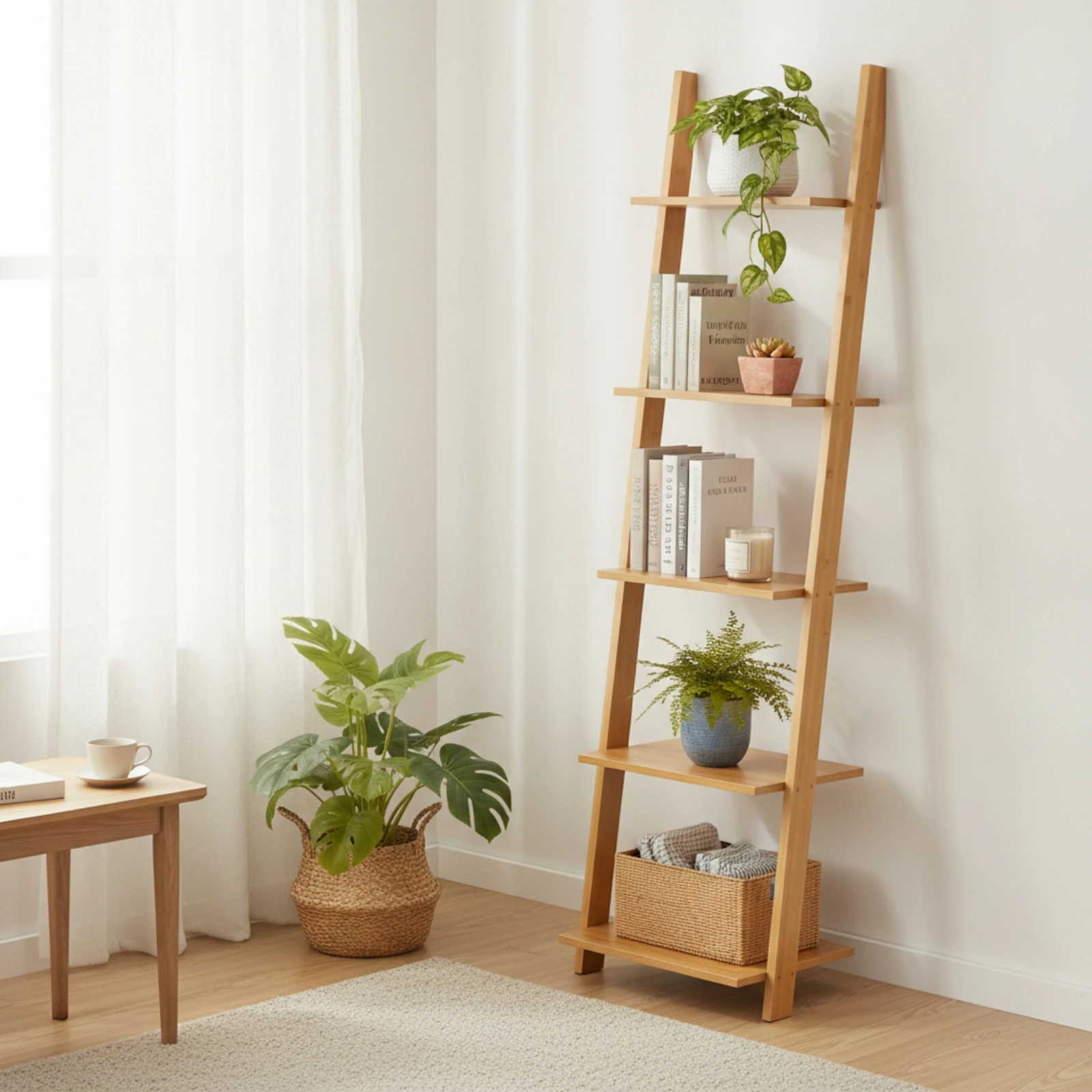 Bamboo Shelf with Five Tiers Natural Leaning Wall Shelf Shelving Unit Slim Furniture Sturdy for Apartment Dwellers