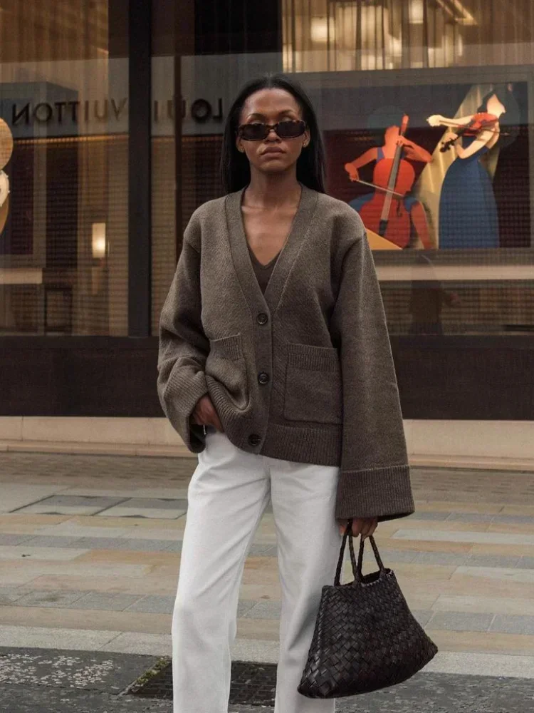 Moda feminina sólida único breasted malha cardigan elegante decote em v mangas compridas camisola outono chique senhora viajando rua wear