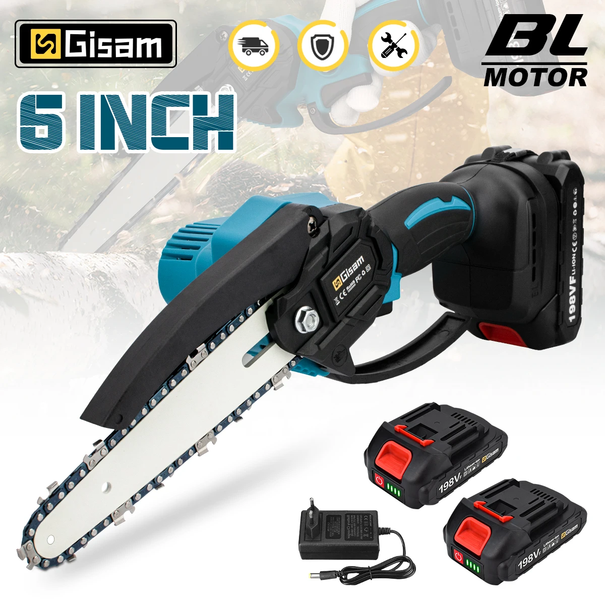 

Gisam 6 Inch Mini Electric Saw Brushless Handheld Portable Woodworking Logging Chainsaw Garden Power Tool for Makita 18V Battery