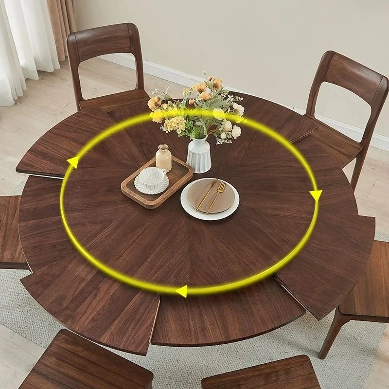 Rotating deformation telescopic walnut round dining table household solid wood small apartment dining table and chairs round tab