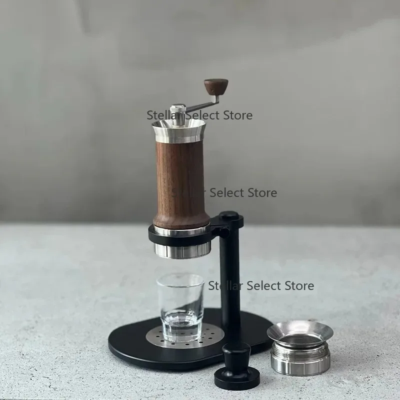 Italian cof-fee machine, hand cranked, concentrated, extracted, unplugged, solid wo-od body, , variable voltage brewing