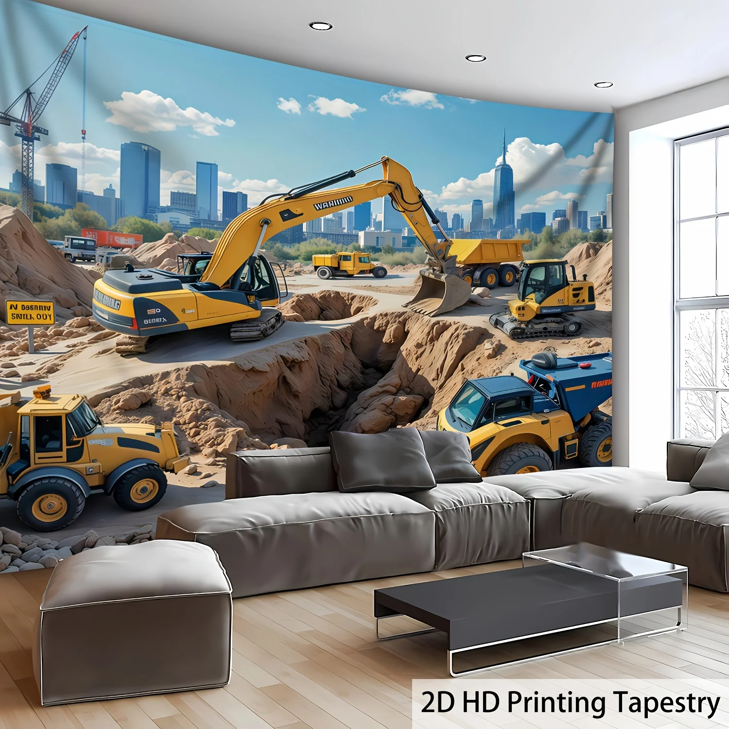 Construction Site Tapestry, Excavators and Dump Trucks Working, City Building Scene Wall Art for Kids Room Living Room Decor