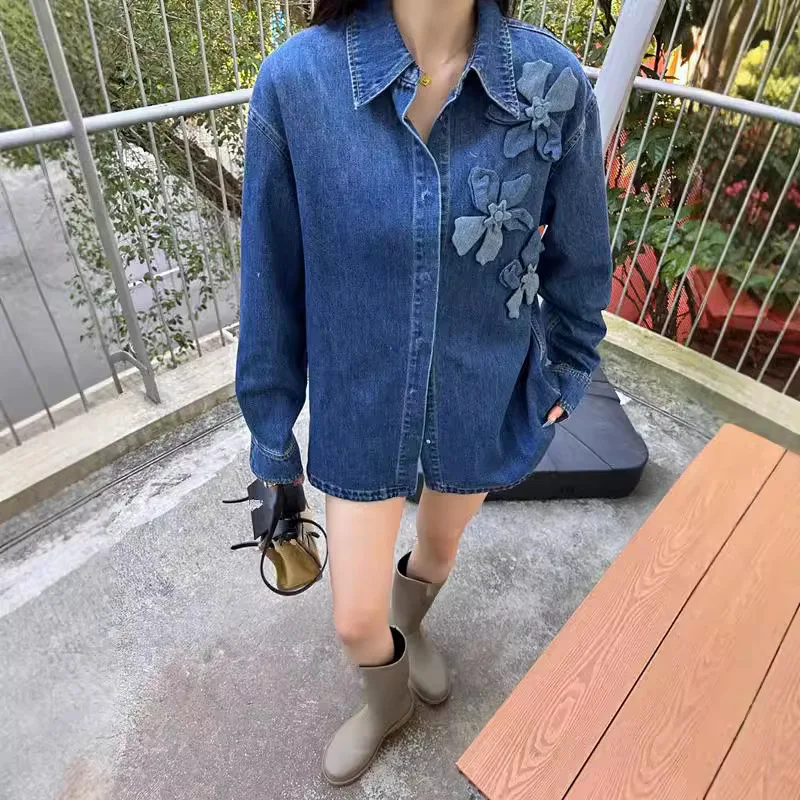 New simple fashion three-dimensional flower loose lapel long sleeve denim shirt ladies tops