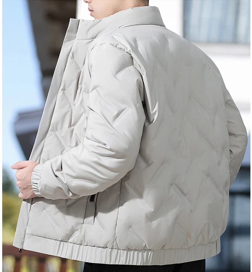 Jaket bulu angsa bermotif berlian kerah berdiri pria, tahan angin, hangat, ringan, jaket slim fit, atasan kasual serbaguna