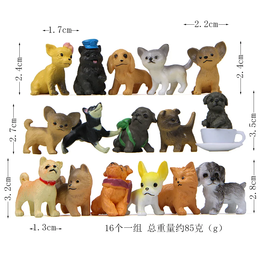 16Pcs/Sets Cartoon Animal Dog Poodle Pug Model Toys Puppy Figurines Dolls Mini Figures Car Home Decoration Collection Kids Gift