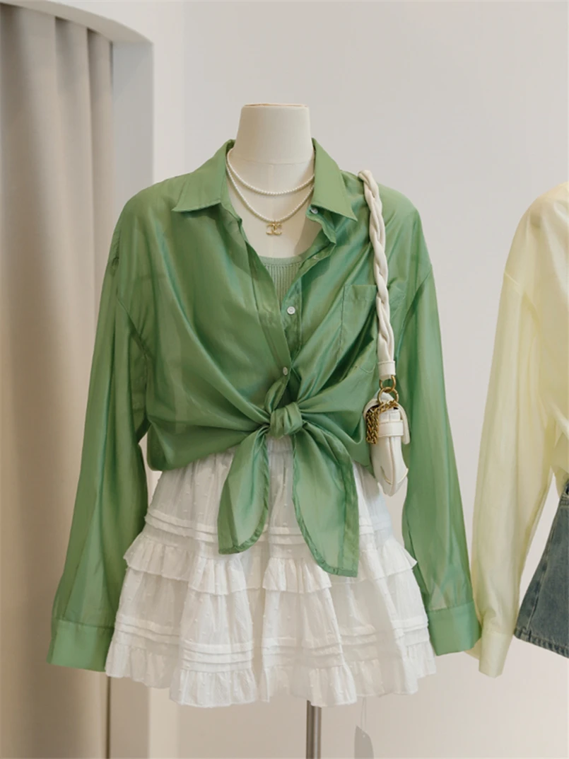 

Sweet Girl Candy Colors Basic Short Shirts Elegant Long Sleeve Women Sun Shading All-match Cardigans Y2k Chic Outwear