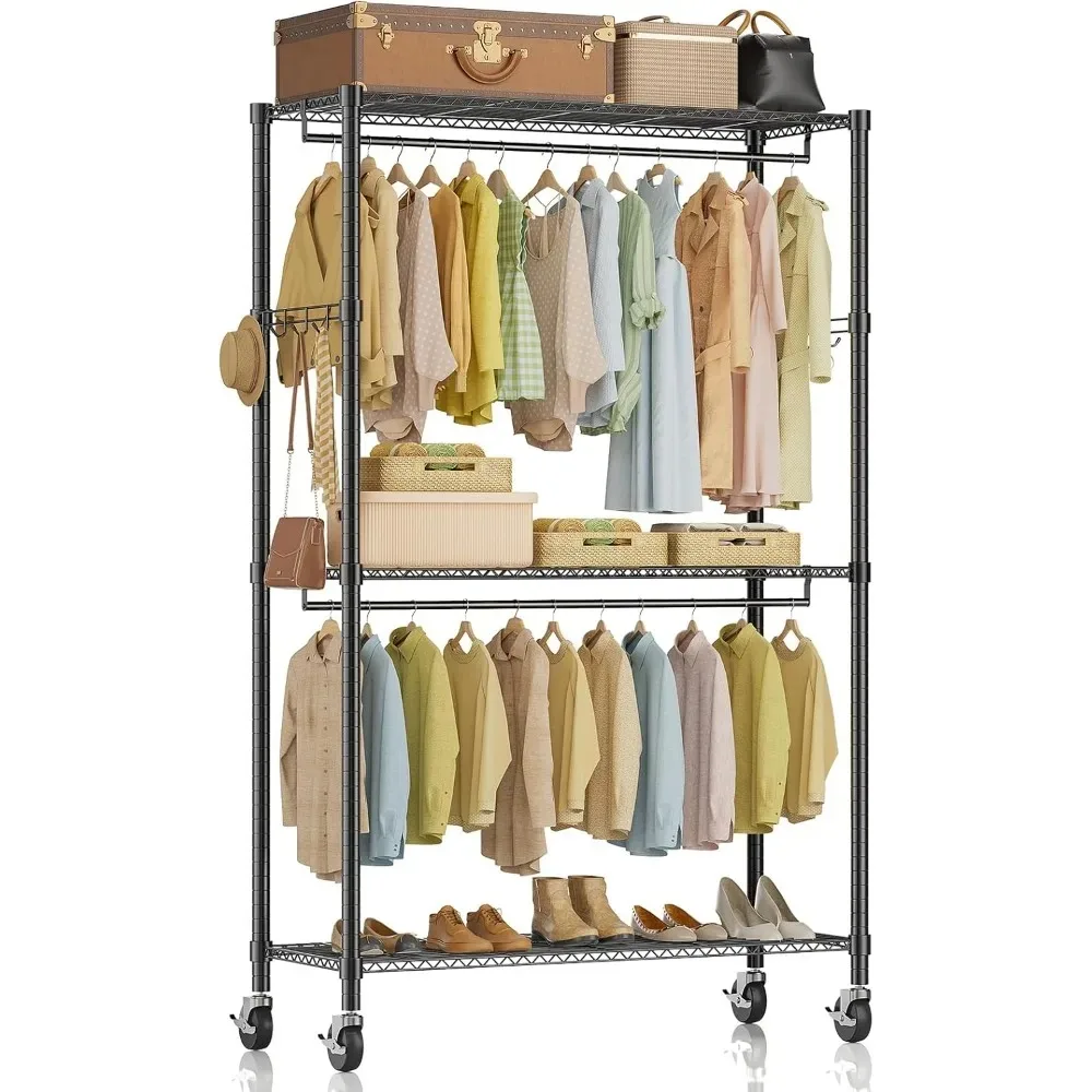 

Clothes Rack Heavy Duty Adjustable Garment Clothing Rack with Wheels, Rolling Metal Freestanding Closet Organizer