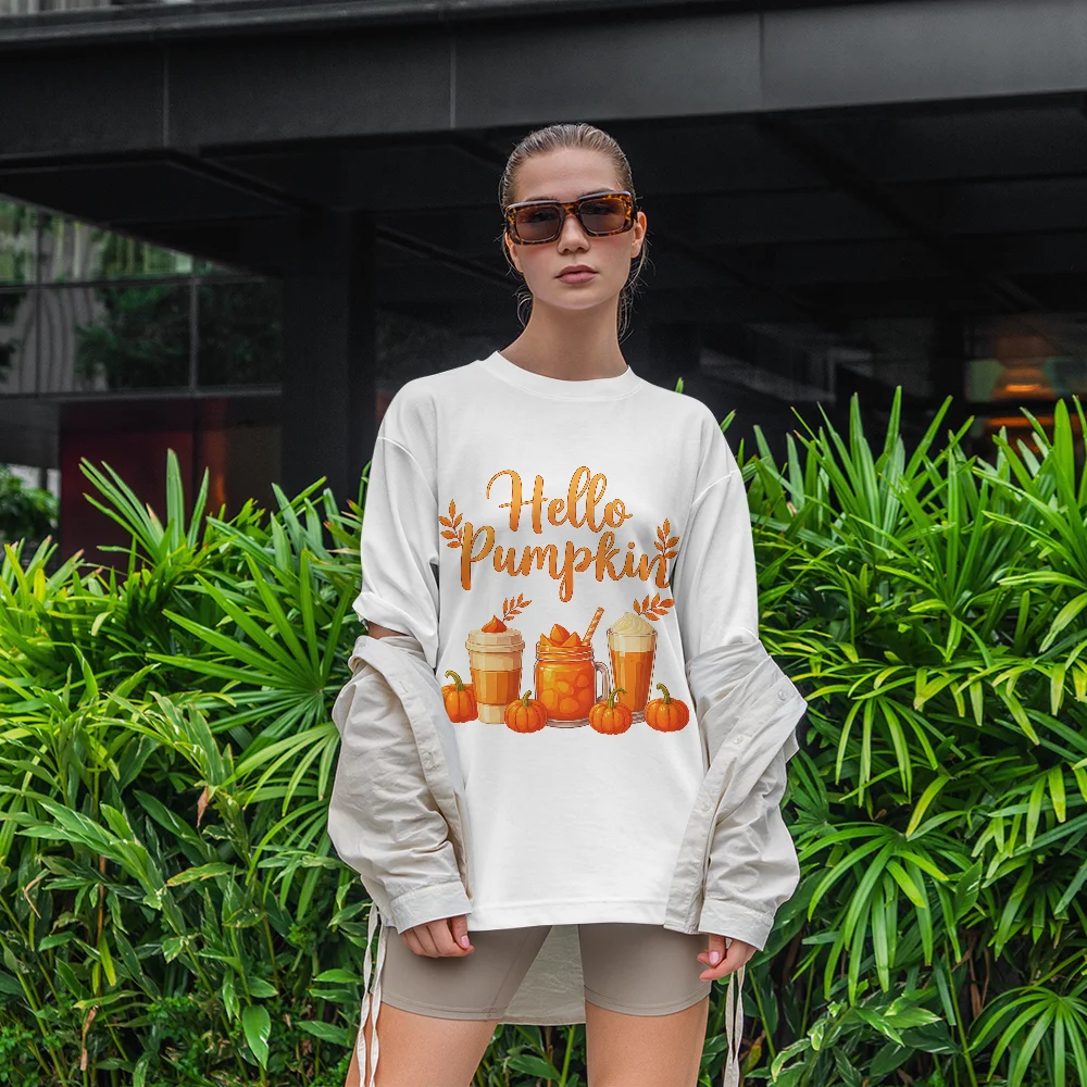

Comfortable Women's Printed T-shirt "Hello-Pumpkin" Autumn T-shirt with Comfortable Drinks and Pumpkin Pattern Women's Tops