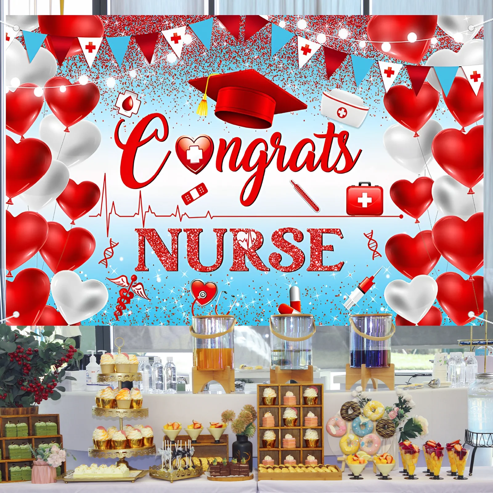 تهنئة ممرضة راية ممرضة حفلة التخرج زينة فئة 2025 غراد خلفية ممرضة غراد خلفية أزرق أحمر