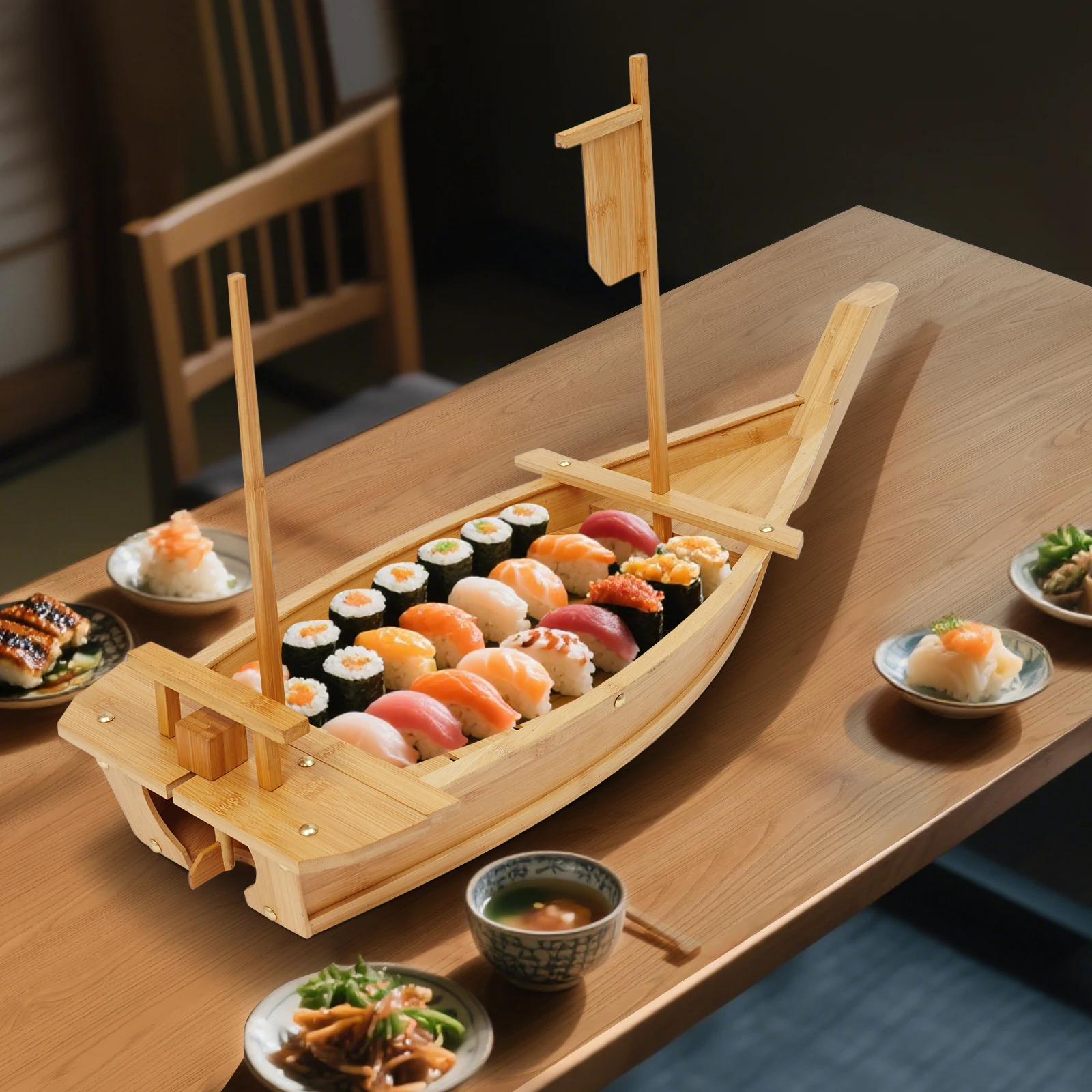 

Large Size Boat-shaped Sushi Serving Tray Spacious Capacity Bamboo Sushi Boat Serving Tray