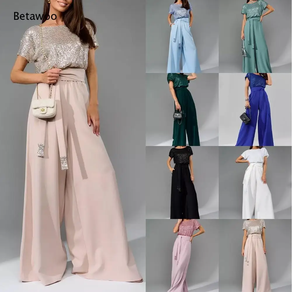 Women Short Sleeve Sequin Top and High Waist Ribbed Wide Leg Pants Two Piece Outfit with Sash Belt