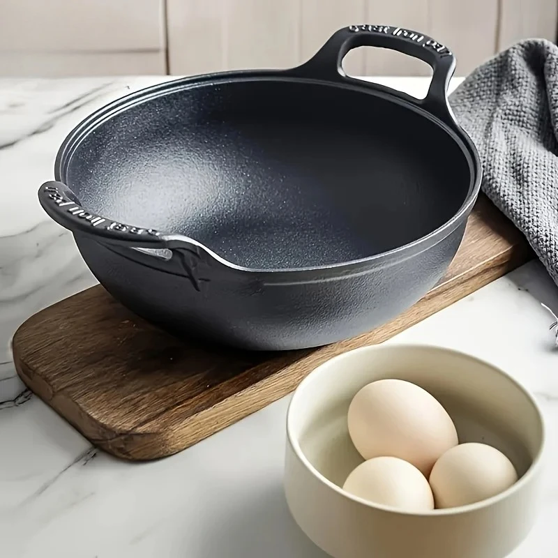1pc Cast Iron Wok with Handles, Grilling Wok, Use in the Oven, on the Stove, or on the Grill,Perfect for Outdoor,Durable